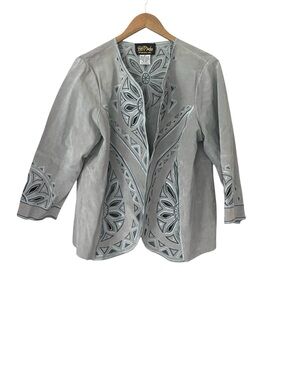 Bob Mackie Light Gray Suede Open Jacket with Laser-Cut Motif